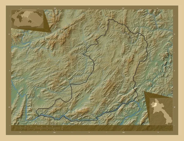 ラオスの州 ウドムサイ 湖や川と色の標高マップ コーナー補助位置図 — ストック写真