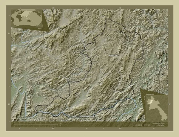 Oudomxai 老挝省用Wiki风格绘制的带有湖泊和河流的高程地图 该区域主要城市的地点和名称 角辅助位置图 — 图库照片