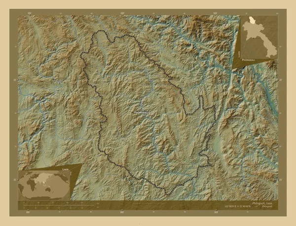Фонгсалі Провінція Лаос Кольорові Карти Висот Озерами Річками Місця Розташування — стокове фото