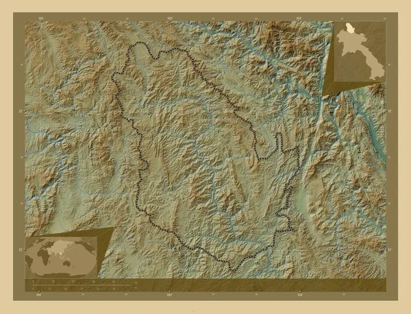 Phongsali Provincie Laos Gekleurde Hoogtekaart Met Meren Rivieren Locaties Van — Stockfoto