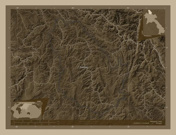 Phongsali Provincia Laos Mapa Elevación Coloreado Tonos Sepia Con Lagos —  Fotos de Stock