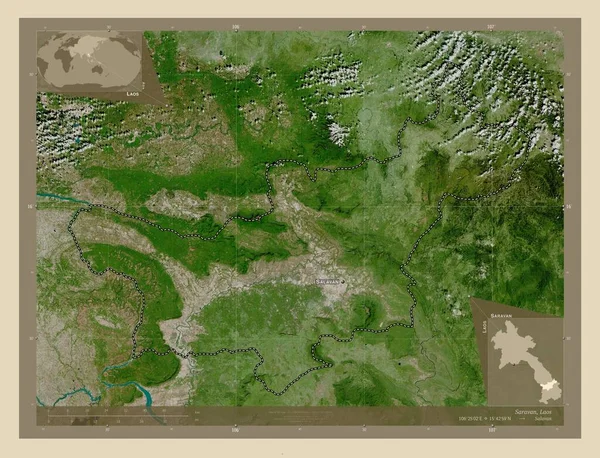 サラバン ラオスの州 高解像度衛星地図 地域の主要都市の位置と名前 コーナー補助位置図 — ストック写真