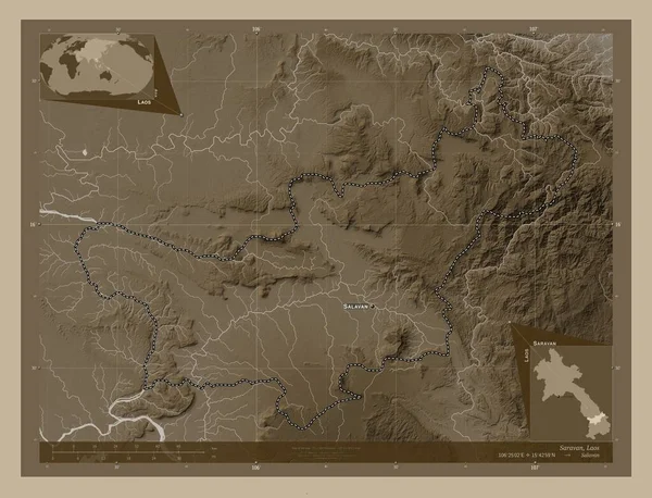 Сараван Провинция Лаос Карта Высоты Окрашенная Сепиевые Тона Озерами Реками — стоковое фото