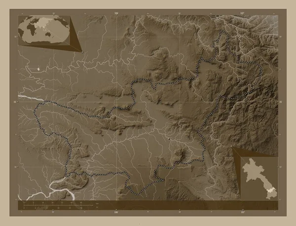 Saravan Province Laos Elevation Map Colored Sepia Tones Lakes Rivers — Stock Photo, Image