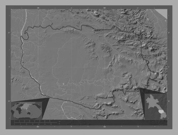 Savannakhet Province Laos Bilevel Elevation Map Lakes Rivers Corner Auxiliary — Stock Photo, Image