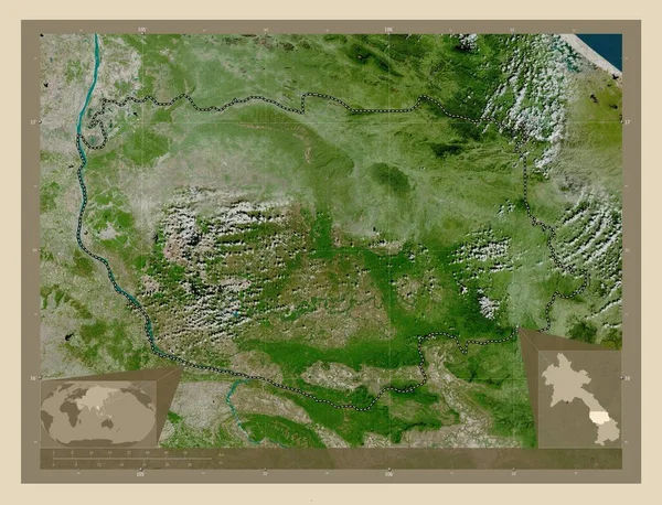 ラオス共和国のサバンナケート県 高解像度衛星地図 地域の主要都市の場所 コーナー補助位置図 — ストック写真