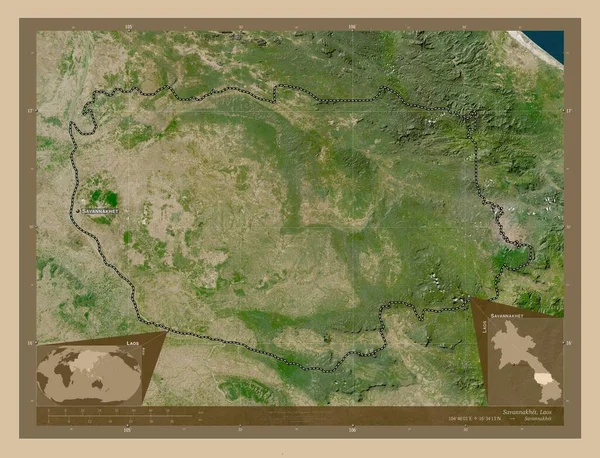 ラオス共和国のサバンナケート県 低解像度衛星地図 地域の主要都市の位置と名前 コーナー補助位置図 — ストック写真