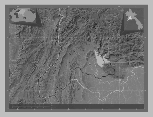 老挝省万象 带有湖泊和河流的灰度高程图 角辅助位置图 — 图库照片