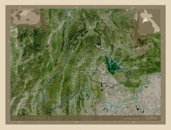 ラオスのビエンチャン州 高解像度衛星地図 地域の主要都市の位置と名前 コーナー補助位置図 — ストック写真