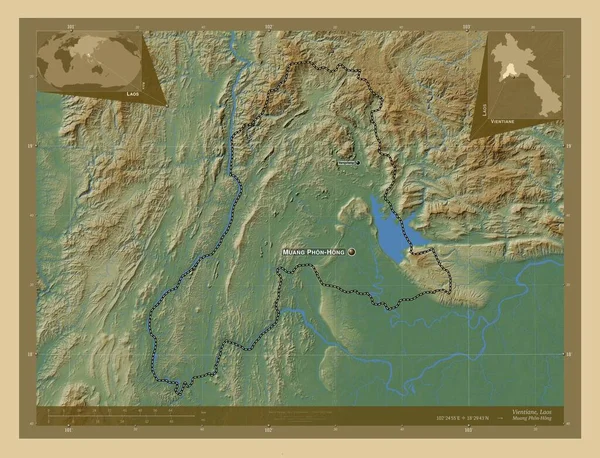 Vientiane Prowincja Laos Kolorowa Mapa Wzniesień Jeziorami Rzekami Lokalizacje Nazwy — Zdjęcie stockowe