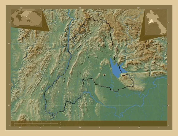 Вьентьян Провинция Лаос Цветная Карта Высоты Озерами Реками Вспомогательные Карты — стоковое фото