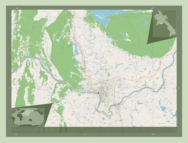 ラオスのビエンチャン県 ストリートマップを開く 地域の主要都市の場所 コーナー補助位置図 — ストック写真