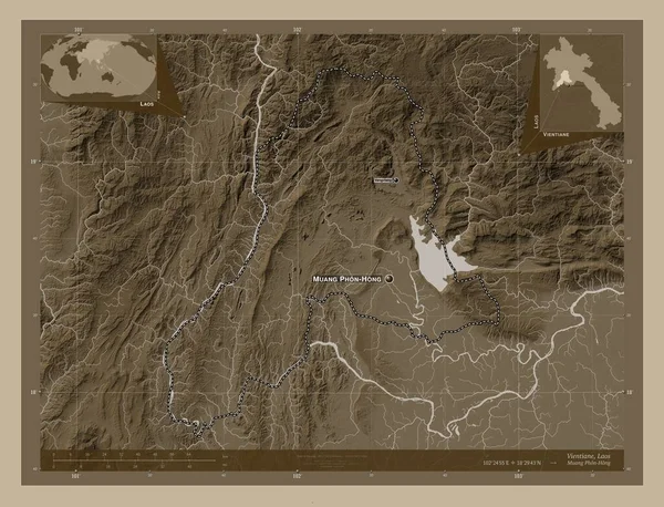 Βιεντιάν Επαρχία Λάος Υψόμετρο Χάρτη Χρωματισμένο Τόνους Σέπια Λίμνες Και — Φωτογραφία Αρχείου