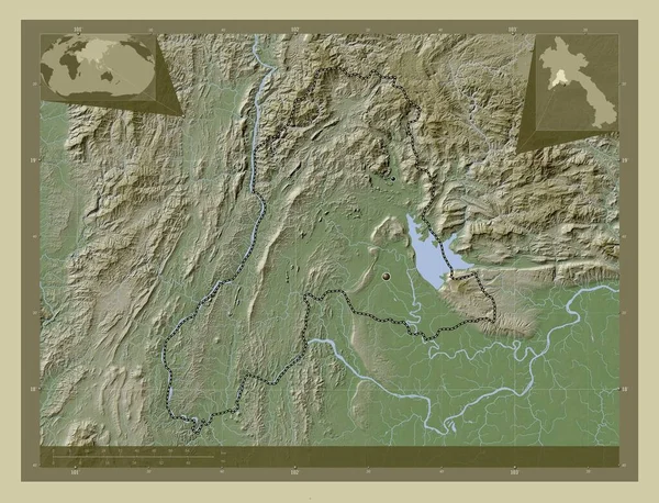 老挝省万象 用Wiki风格绘制的带有湖泊和河流的高程地图 该区域主要城市的所在地点 角辅助位置图 — 图库照片