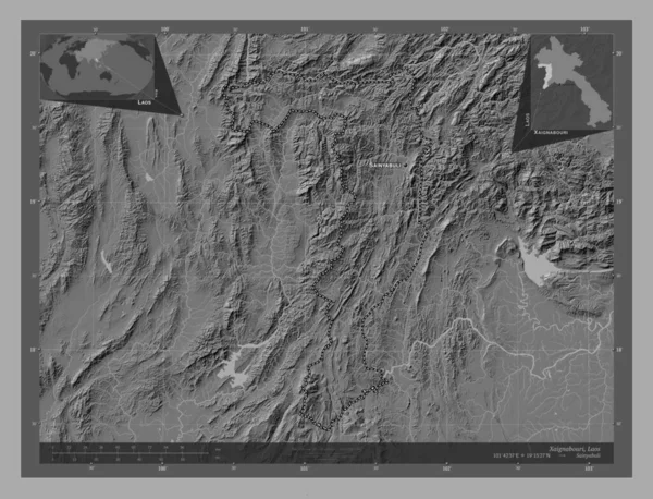 Xaignabouri Provincie Laos Hoogteplattegrond Met Meren Rivieren Locaties Namen Van — Stockfoto