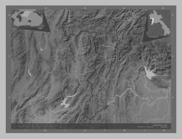 Xaignabouri Province Laos Grayscale Elevation Map Lakes Rivers Locations Names — Stock Photo, Image