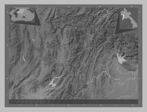 Xaignabouri Province Laos Grayscale Elevation Map Lakes Rivers Corner Auxiliary — Stock Photo, Image