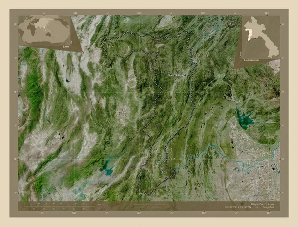 Xaignabouri Prowincja Laos Mapa Satelity Wysokiej Rozdzielczości Lokalizacje Nazwy Głównych — Zdjęcie stockowe