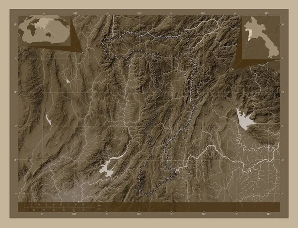 Xaignabouri Provincia Laos Mapa Elevación Coloreado Tonos Sepia Con Lagos —  Fotos de Stock