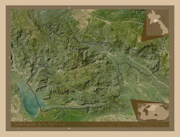 Xaisomboun 老挝的一个特殊地区 低分辨率卫星地图 该区域主要城市的所在地点 角辅助位置图 — 图库照片