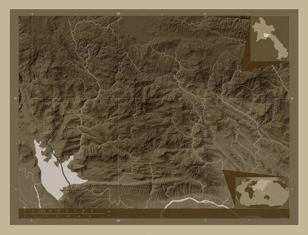 Xaisomboun Región Especial Laos Mapa Elevación Coloreado Tonos Sepia Con —  Fotos de Stock