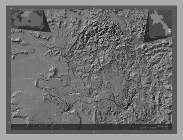ラオスのXekong州 湖や川と二階の標高マップ 地域の主要都市の位置と名前 コーナー補助位置図 — ストック写真