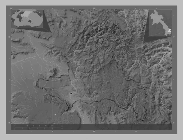Xekong Province Laos Grayscale Elevation Map Lakes Rivers Corner Auxiliary — Stock Photo, Image