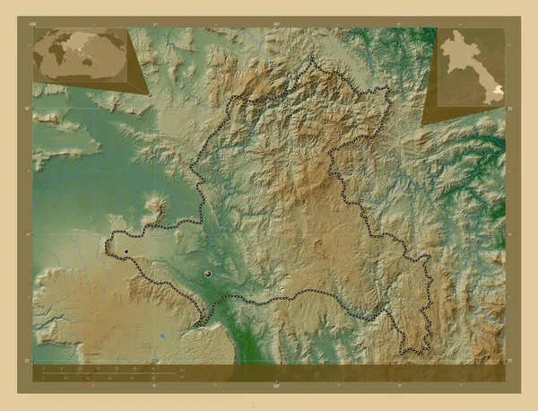 ラオスのXekong州 湖や川と色の標高マップ 地域の主要都市の場所 コーナー補助位置図 — ストック写真