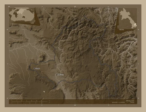 Xekong Provincie Laos Zdvihová Mapa Zbarvená Sépiovými Tóny Jezery Řekami — Stock fotografie