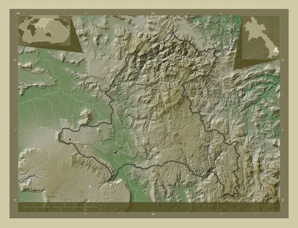 Xekong Provincie Laos Zdvihová Mapa Zbarvená Stylu Wiki Jezery Řekami — Stock fotografie