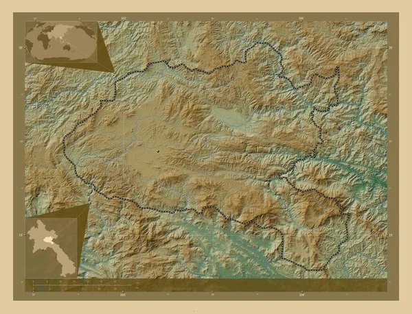 Ξιανγκχοάνγκ Επαρχία Λάος Χρωματιστός Υψομετρικός Χάρτης Λίμνες Και Ποτάμια Τοποθεσίες — Φωτογραφία Αρχείου