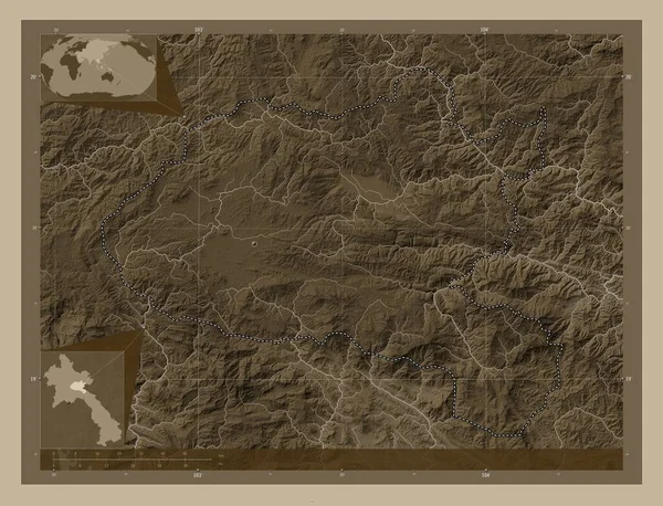 Xiangkhoang Provincia Laos Mapa Elevación Coloreado Tonos Sepia Con Lagos —  Fotos de Stock