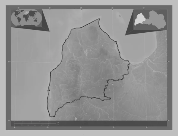 Kurzeme Province Latvia Grayscale Elevation Map Lakes Rivers Corner Auxiliary — Stock Photo, Image