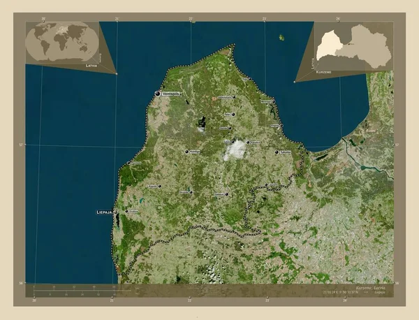 库尔泽姆 拉脱维亚省 高分辨率卫星地图 该区域主要城市的地点和名称 角辅助位置图 — 图库照片