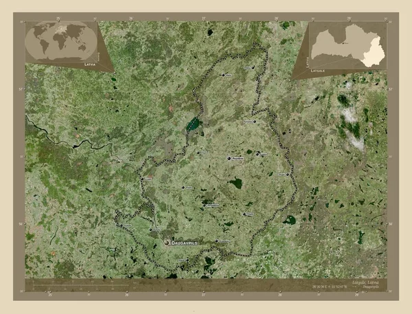 拉脱维亚省Latgale 高分辨率卫星地图 该区域主要城市的地点和名称 角辅助位置图 — 图库照片