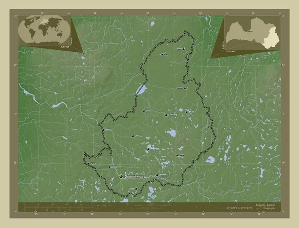 拉脱维亚省Latgale 用Wiki风格绘制的带有湖泊和河流的高程地图 该区域主要城市的地点和名称 角辅助位置图 — 图库照片