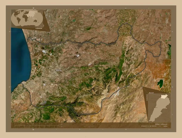 アクカル レバノンの知事 低解像度衛星地図 地域の主要都市の位置と名前 コーナー補助位置図 — ストック写真