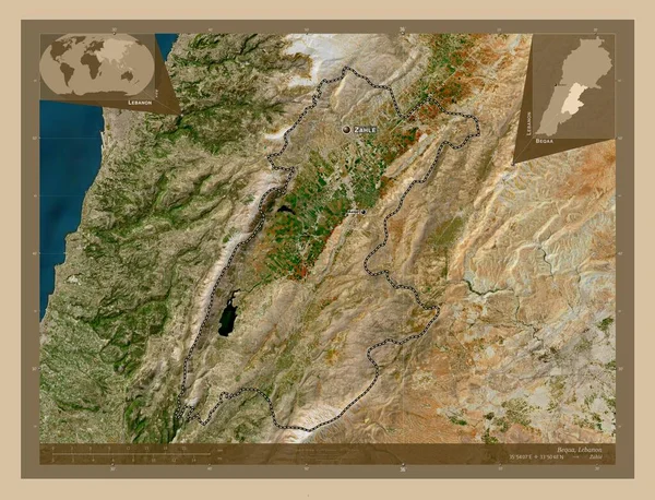 ベカア レバノンの知事 低解像度衛星地図 地域の主要都市の位置と名前 コーナー補助位置図 — ストック写真