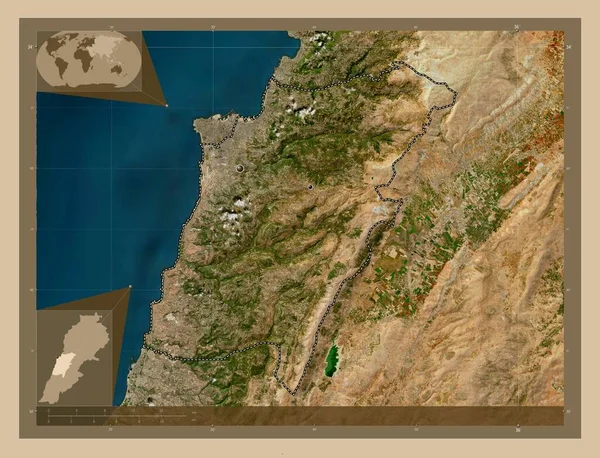 レバノン山 レバノンの知事 低解像度衛星地図 地域の主要都市の場所 コーナー補助位置図 — ストック写真