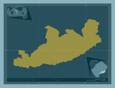 Qacha 's Nek, Lesotho bölgesi. Katı renk şekli. Bölgenin büyük şehirlerinin yerleri ve isimleri. Köşedeki yedek konum haritaları