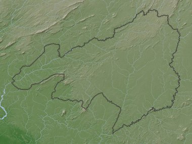 Bong, Liberya Bölgesi. Yükseklik haritası göller ve nehirlerle wiki stilinde renklendirilmiştir