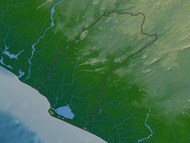 Grand Cape Mount, Liberya Bölgesi. Gölleri ve nehirleri olan renkli yükseklik haritası