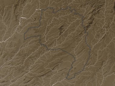 Liberya 'nın Lofa ilçesi. Yükseklik haritası sepya tonlarında göller ve nehirlerle renklendirilmiş