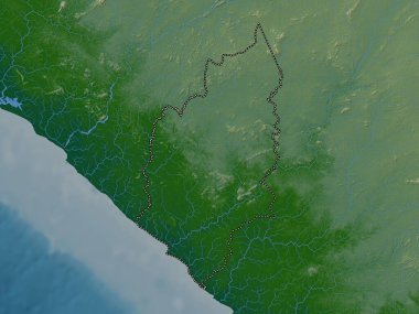 River Cess, Liberya Bölgesi. Gölleri ve nehirleri olan renkli yükseklik haritası