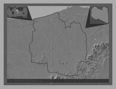 Al Jifarah, Libya bölgesi. Göllü ve nehirli çift katlı yükseklik haritası. Köşedeki yedek konum haritaları