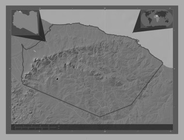 Al Marqab, Libya bölgesi. Göllü ve nehirli çift katlı yükseklik haritası. Bölgenin büyük şehirlerinin yerleri. Köşedeki yedek konum haritaları