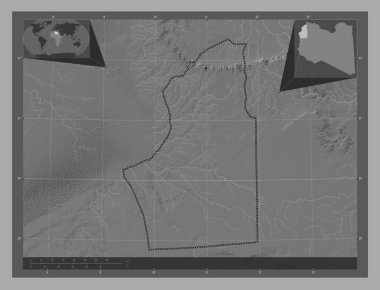 Nalut, Libya bölgesi. Göllü ve nehirli çift katlı yükseklik haritası. Köşedeki yedek konum haritaları