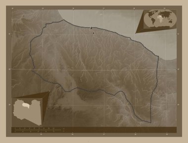 Surt, Libya bölgesi. Yükseklik haritası sepya tonlarında göller ve nehirlerle renklendirilmiş. Bölgenin büyük şehirlerinin yerleri. Köşedeki yedek konum haritaları