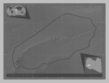 Libya 'nın Wadi al Hayat ilçesi. Gölleri ve nehirleri olan gri tonlama yükseklik haritası. Bölgenin büyük şehirlerinin yerleri. Köşedeki yedek konum haritaları