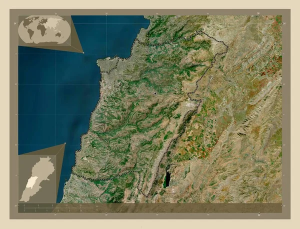レバノン山 レバノンの知事 高解像度衛星地図 地域の主要都市の場所 コーナー補助位置図 — ストック写真